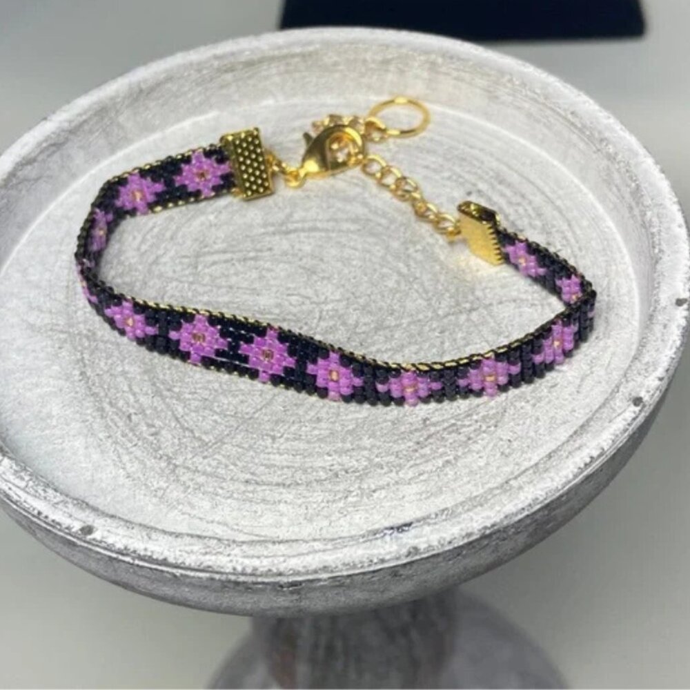 Handcrafted Loom-Beaded Bracelet Purple and Black Seed Bead Bracelet